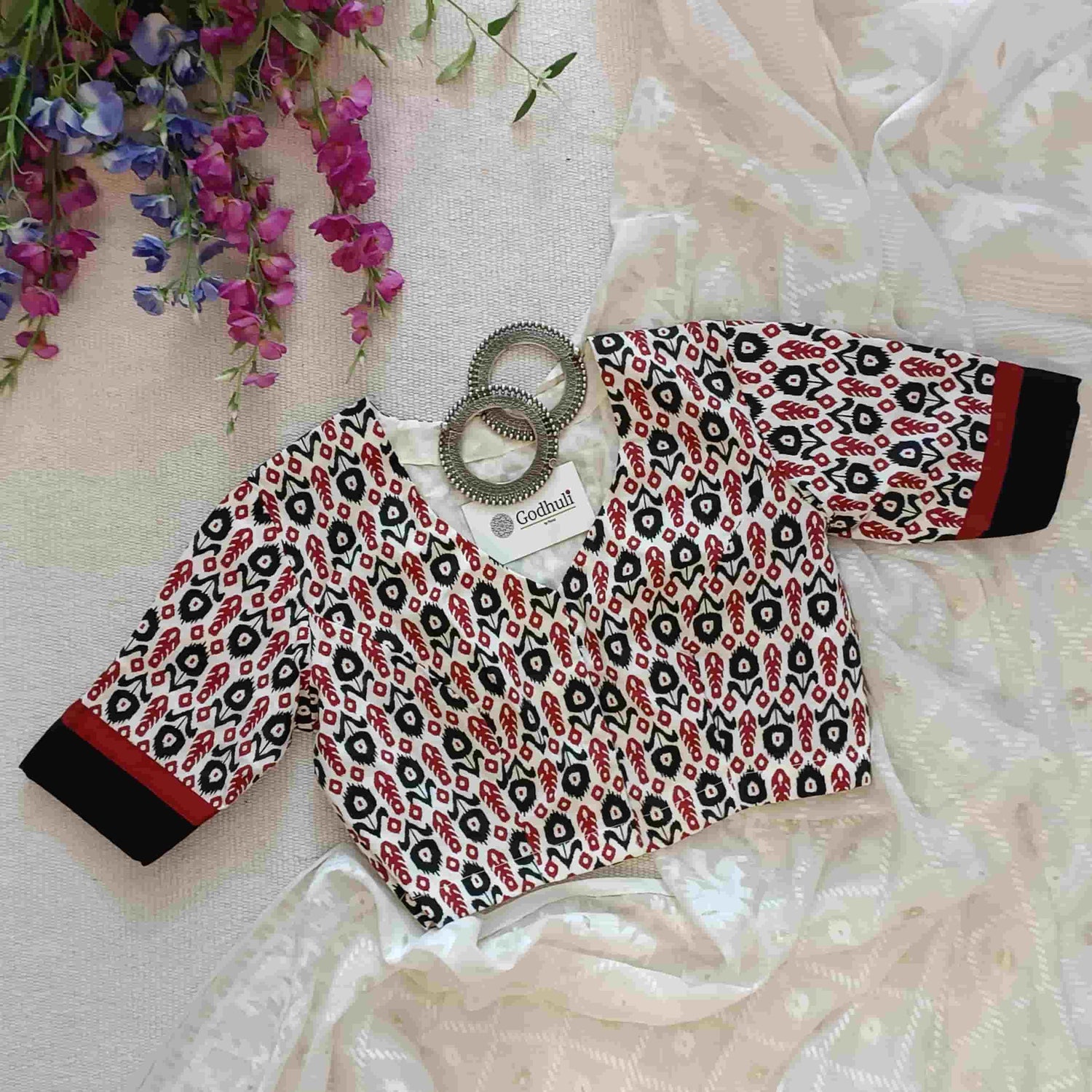 White Readymade Blouse with Small Red Black Uzbek Ikat Print | Godhuli