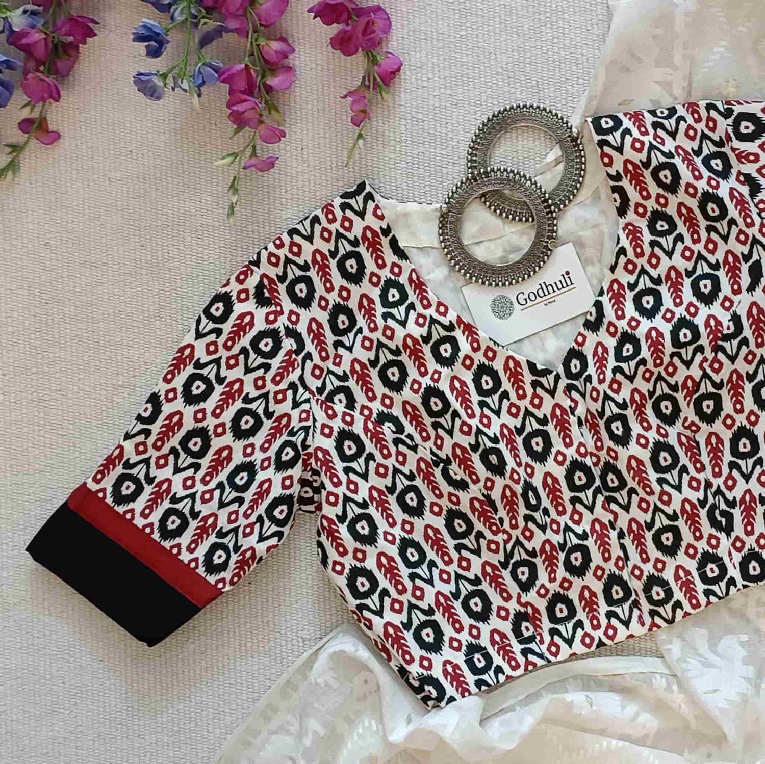 White Readymade Blouse with Small Red Black Uzbek Ikat Print | Godhuli