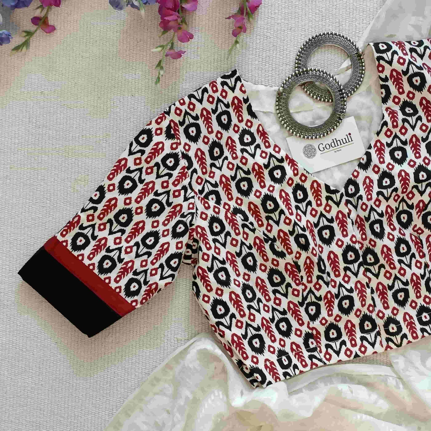White Readymade Blouse with Small Red Black Uzbek Ikat Print | Godhuli