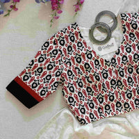 White Readymade Blouse with Small Red Black Uzbek Ikat Print | Godhuli