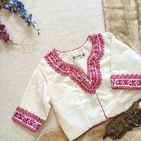 White Upada Silk Readmade Blouse in Rani Aari work Embroidery | Godhuli