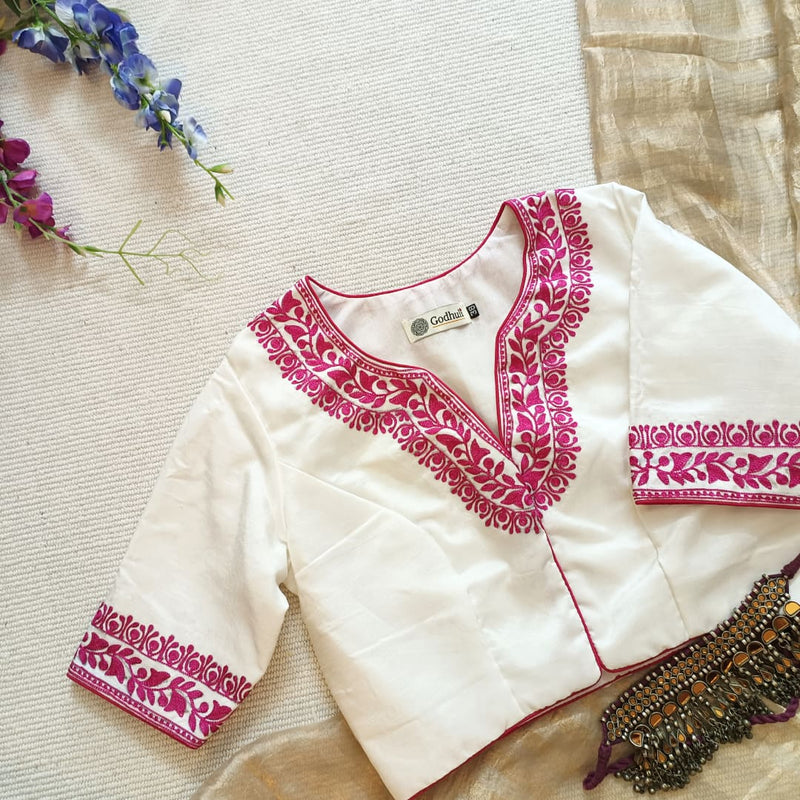 White Upada Silk Readmade Blouse in Rani Aari work Embroidery | Godhuli