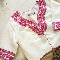 White Upada Silk Readmade Blouse in Rani Aari work Embroidery | Godhuli