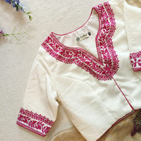 White Upada Silk Readmade Blouse in Rani Aari work Embroidery | Godhuli