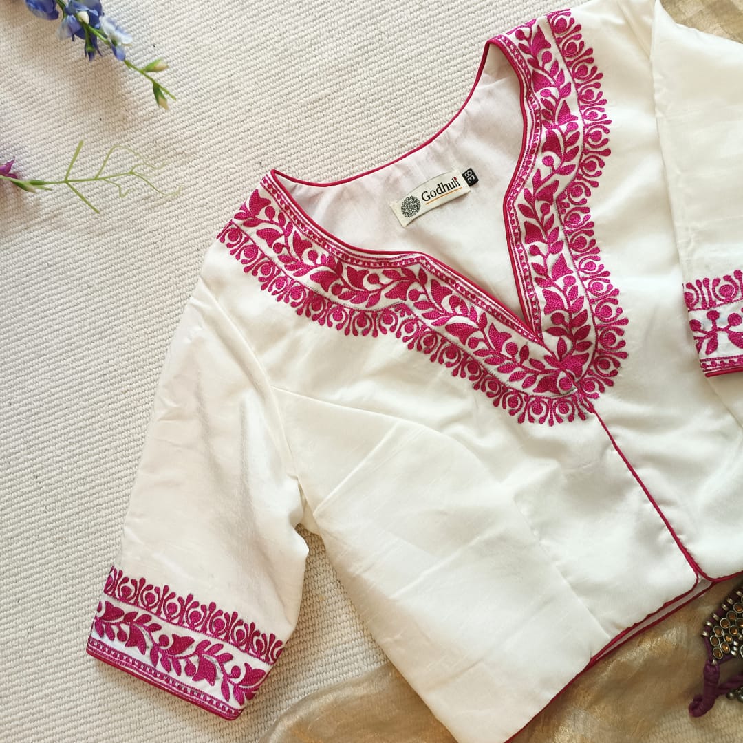 White Upada Silk Readmade Blouse in Rani Aari work Embroidery | Godhuli