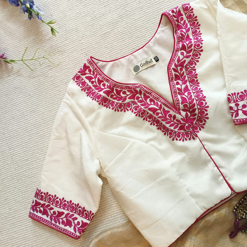 White Upada Silk Readmade Blouse in Rani Aari work Embroidery | Godhuli