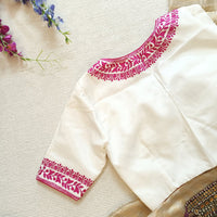 White Upada Silk Readmade Blouse in Rani Aari work Embroidery | Godhuli