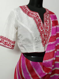 White Upada Silk Readymade Blouse in Red Aari work Embroidery | Godhuli