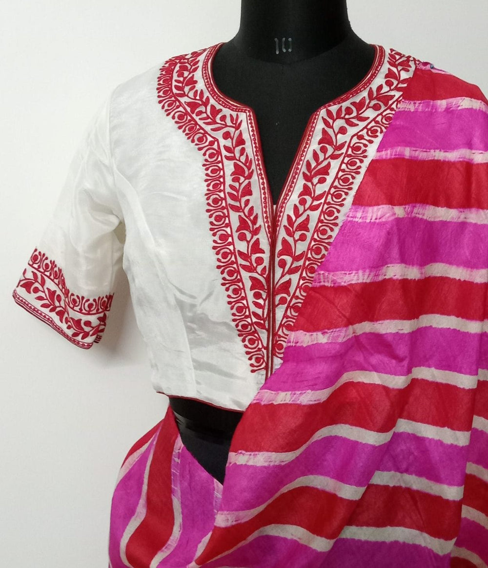White Upada Silk Readymade Blouse in Red Aari work Embroidery | Godhuli