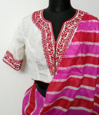 White Upada Silk Readymade Blouse in Red Aari work Embroidery | Godhuli