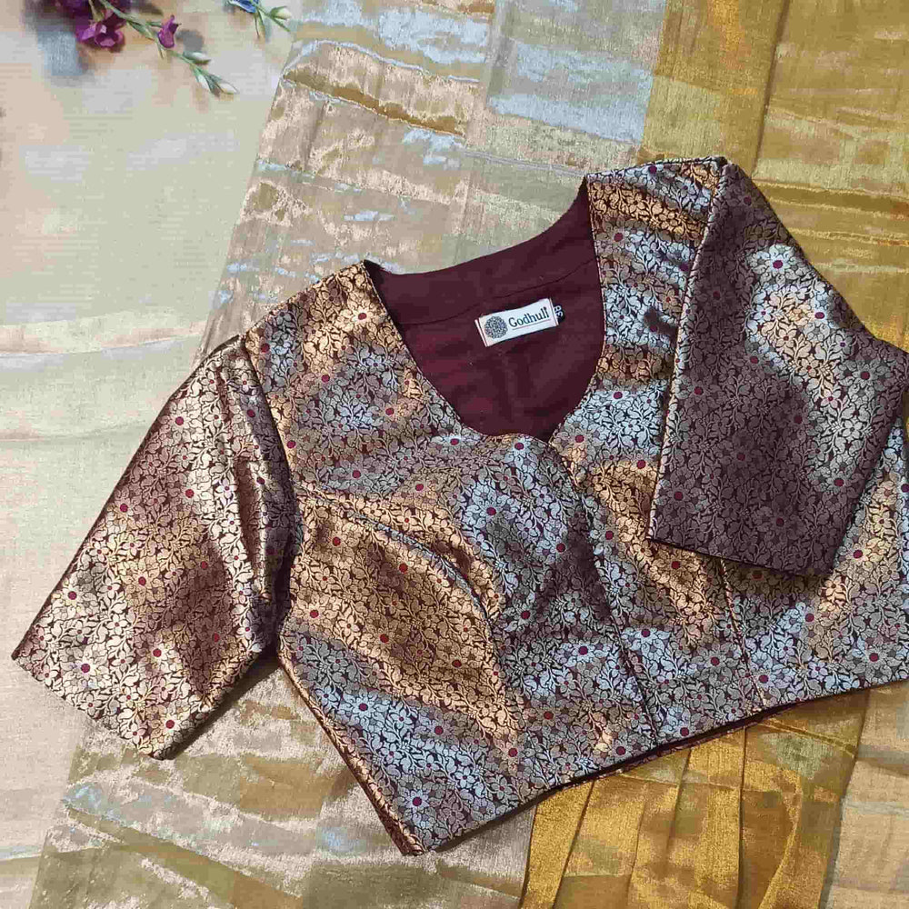 Wine Golden Banarasi Brocade Readymade Blouse | Godhuli