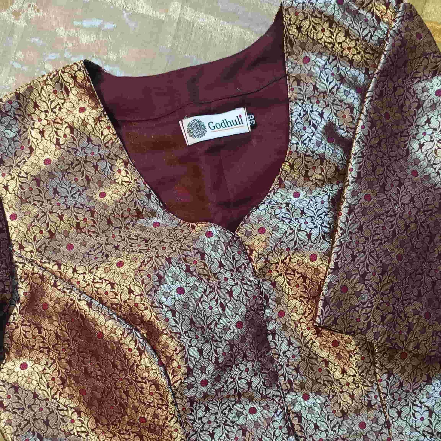 Wine Golden Banarasi Brocade Readymade Blouse | Godhuli