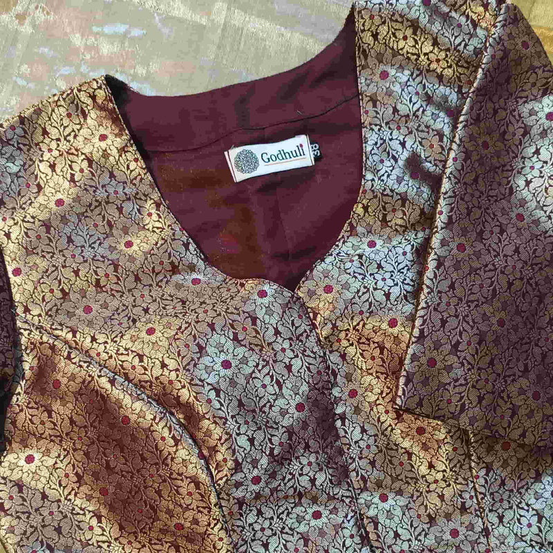 Wine Golden Banarasi Brocade Readymade Blouse | Godhuli