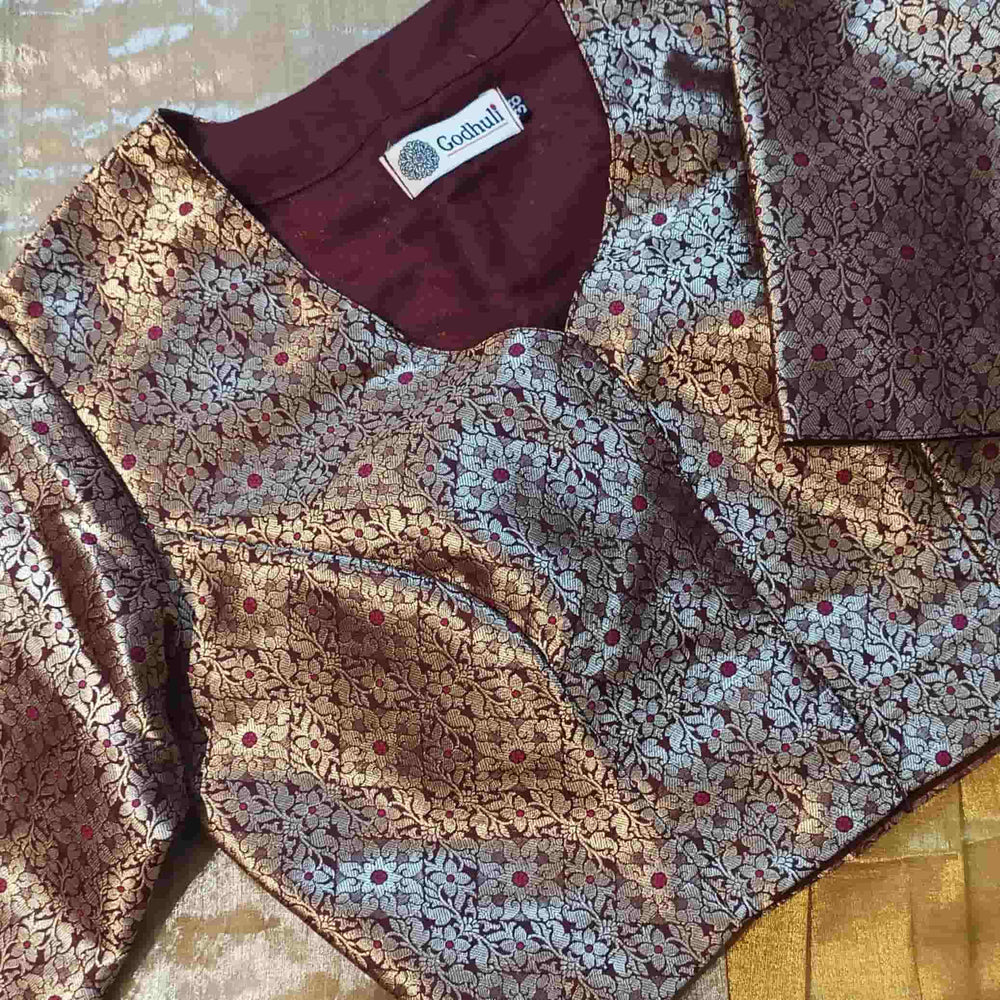 Wine Golden Banarasi Brocade Readymade Blouse | Godhuli