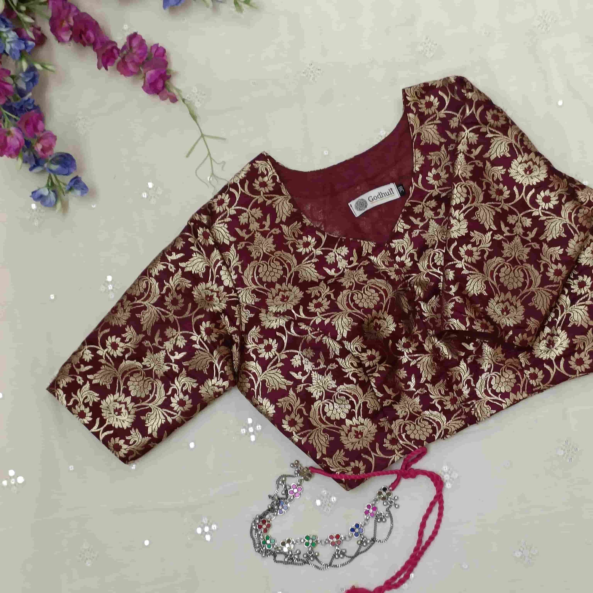Wine Jaal Banarasi Brocade Readymade Blouse | Godhuli