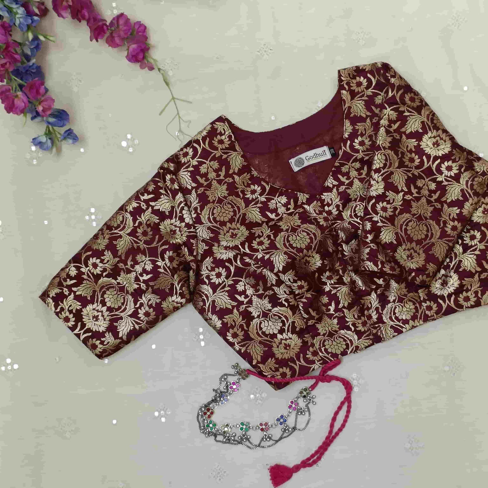 Wine Jaal Banarasi Brocade Readymade Blouse | Godhuli