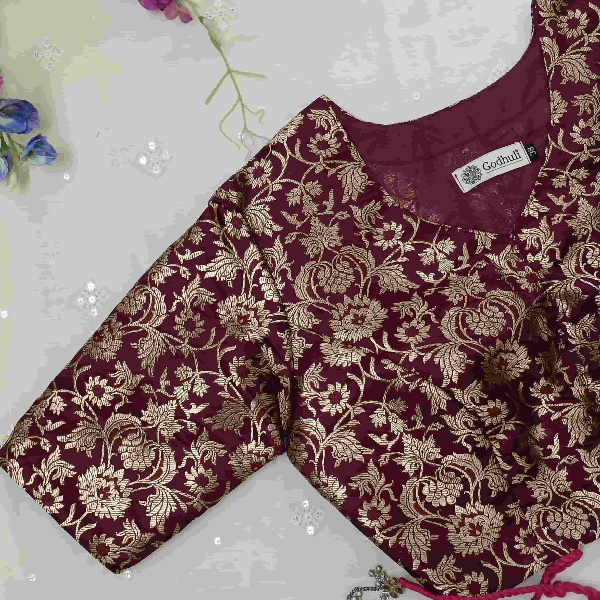 Wine Jaal Banarasi Brocade Readymade Blouse | Godhuli