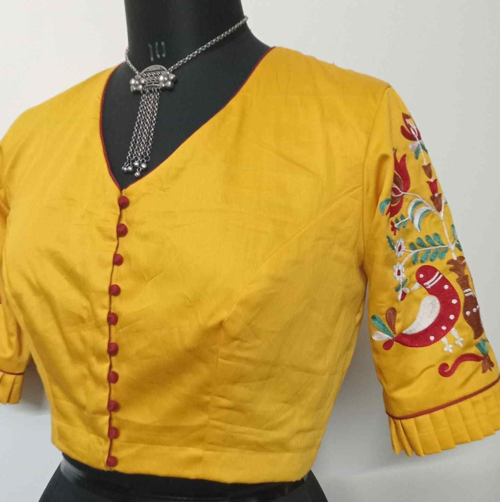 Yellow Cotton Readymade Blouse with Embroidered Sleeves | Godhuli