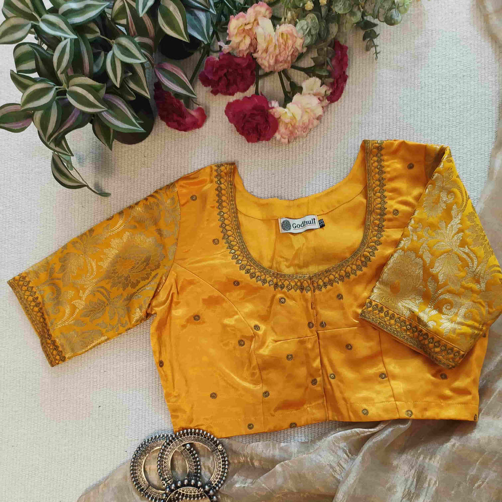 Yellow Gaji Silk Brocade Sleeves Aari Work Readymade Blouse | Godhuli