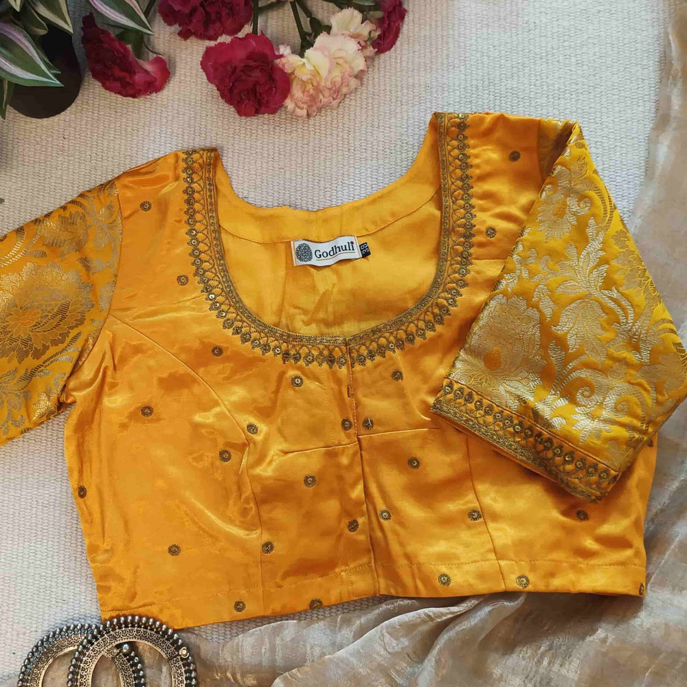 Yellow Gaji Silk Brocade Sleeves Aari Work Readymade Blouse | Godhuli