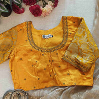 Yellow Gaji Silk Brocade Sleeves Aari Work Readymade Blouse | Godhuli