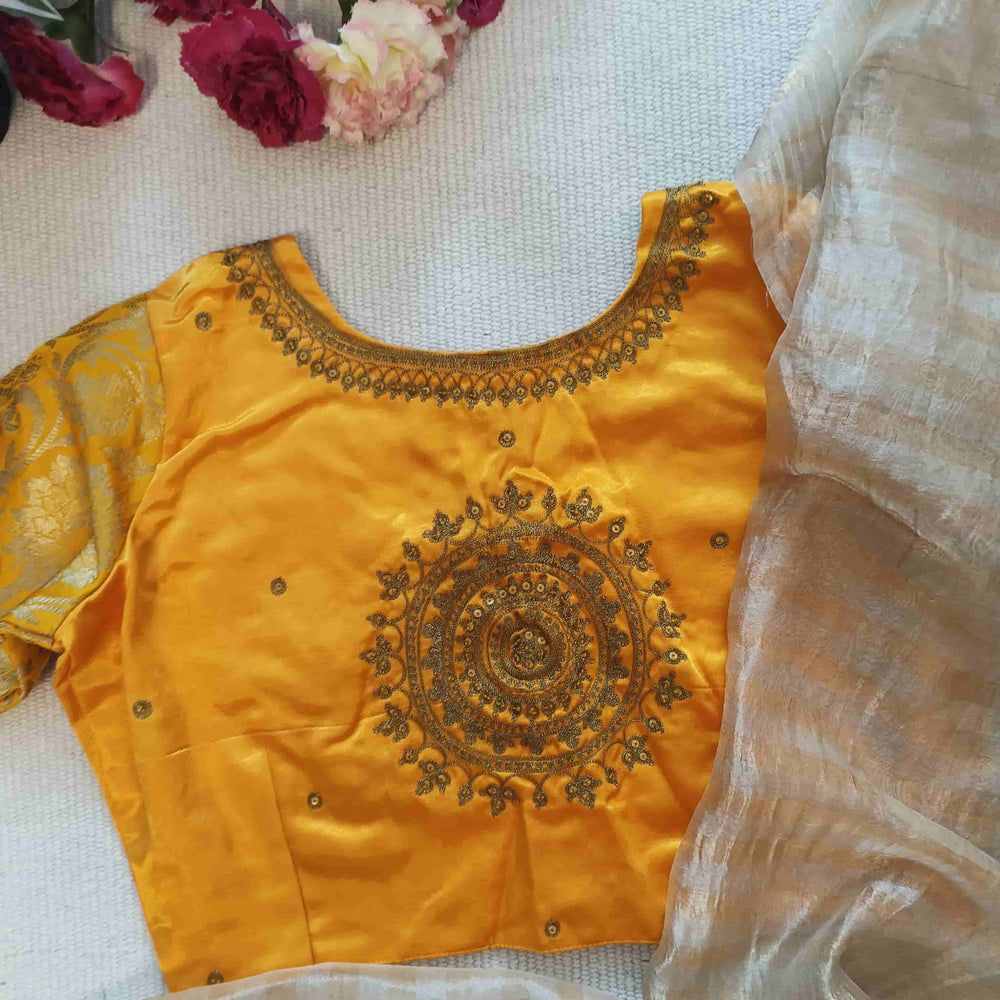 Yellow Gaji Silk Brocade Sleeves Aari Work Readymade Blouse | Godhuli
