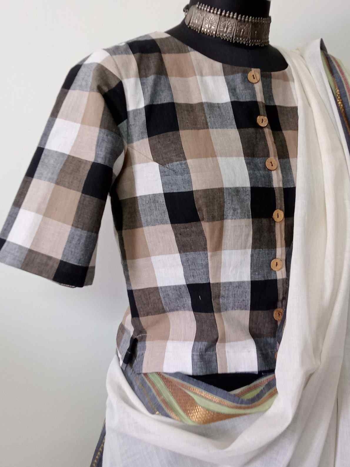 Buy Brown Black Checkered Crop Top Blouse | Godhuli