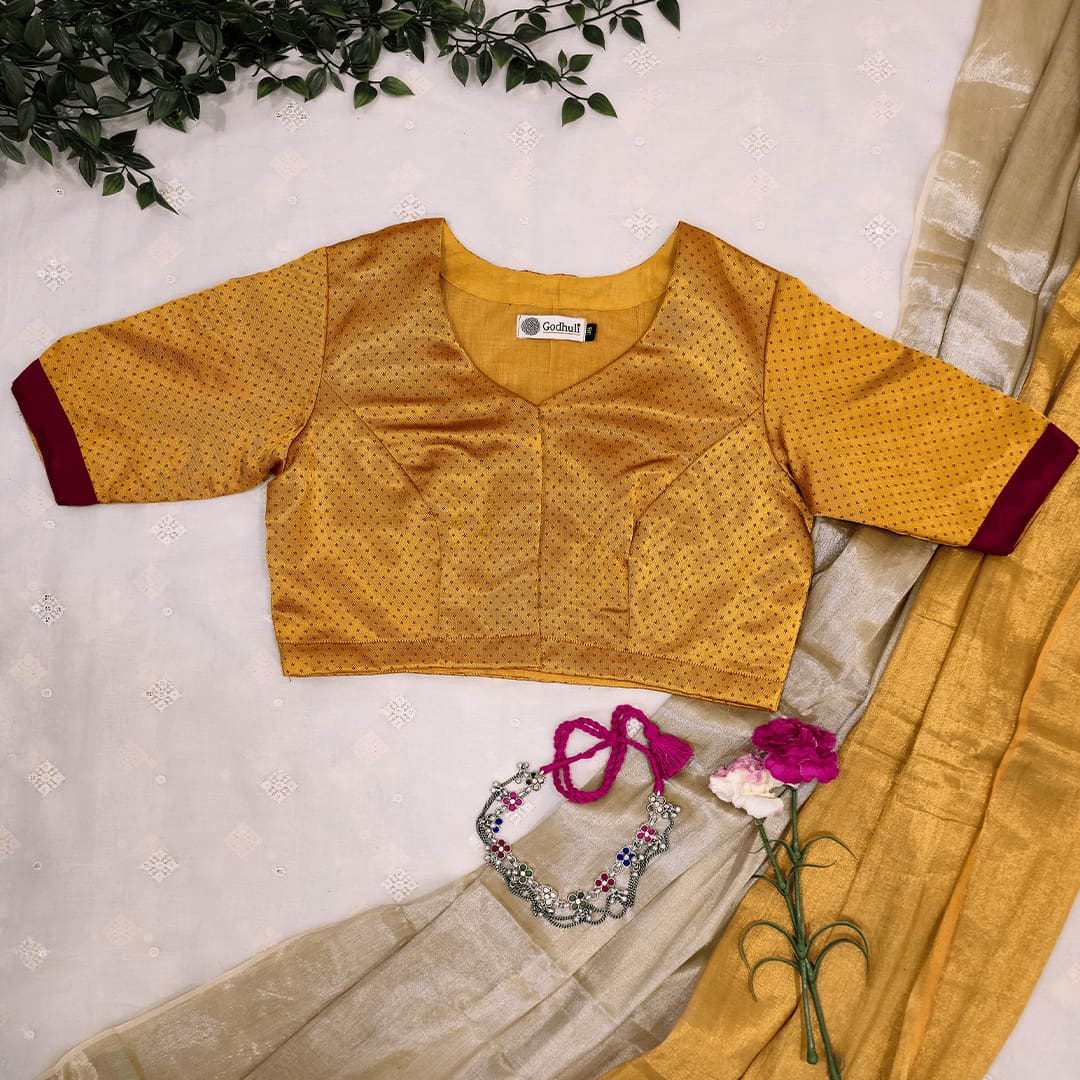 Mustard Dani Gaji Readymade Blouse With Maroon Broder| Godhuli