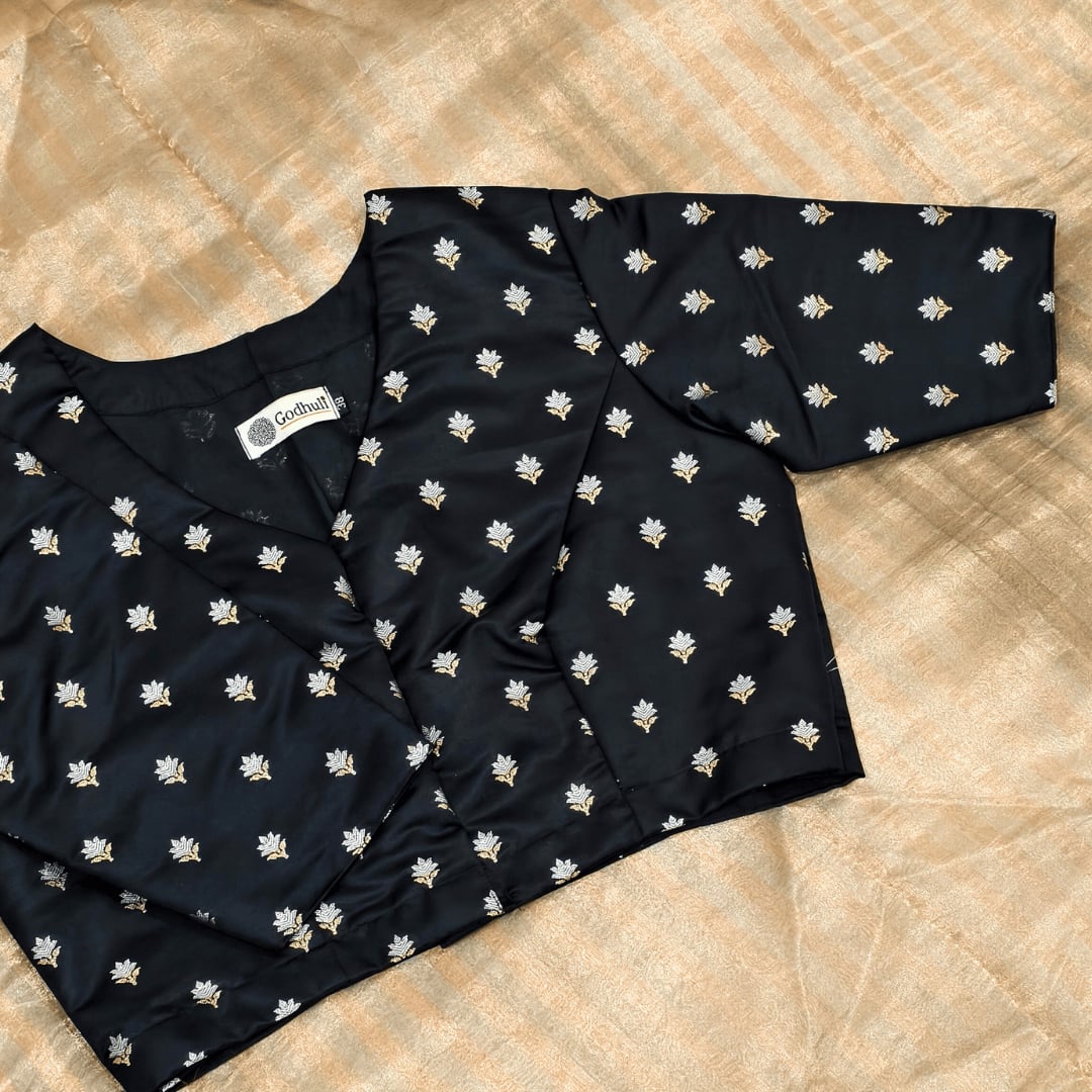Black Zari Floral Motif Satin Silk Brocade Readymade Blouse | Godhuli