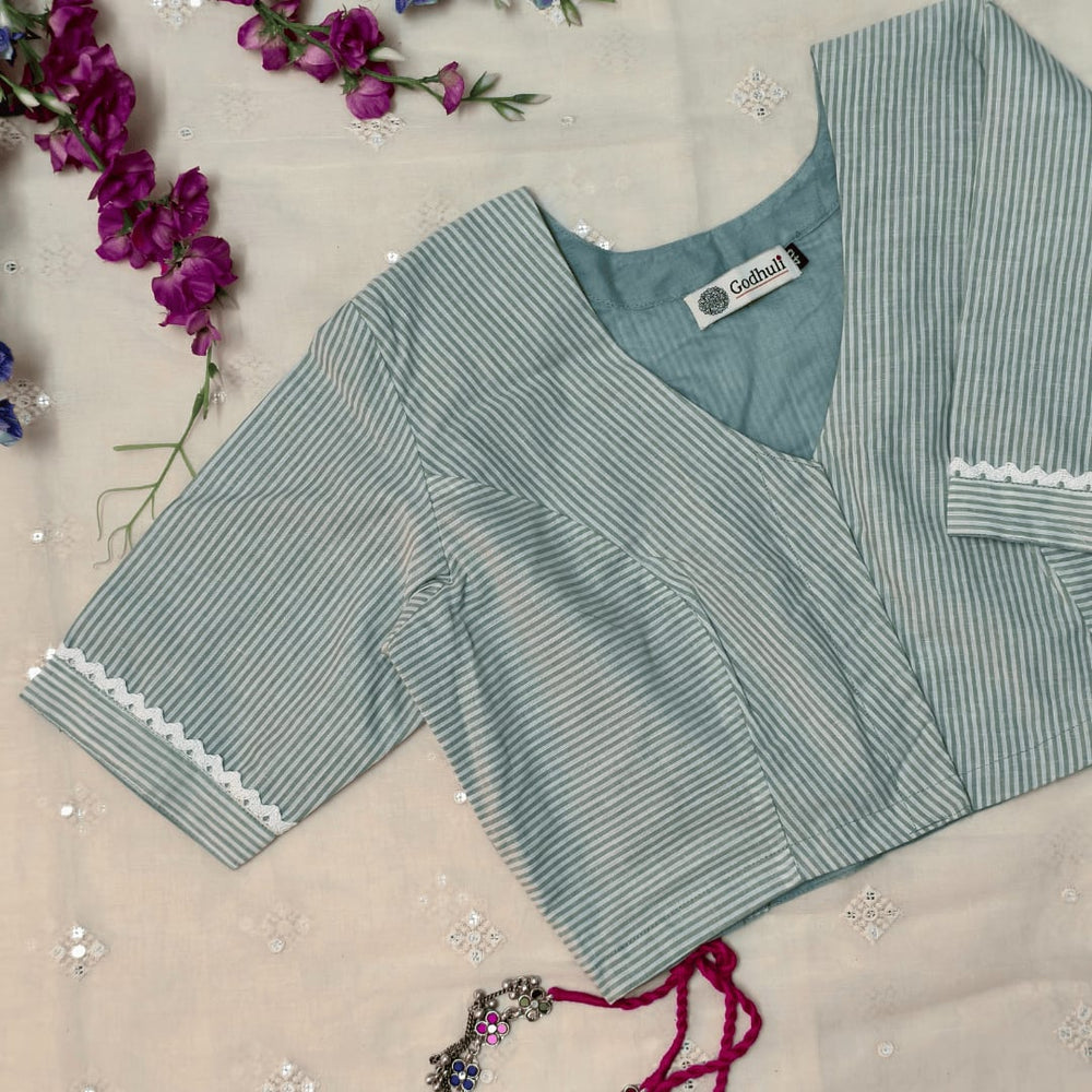 Blue White Oxford Stripes Readymade Blouse | Godhuli
