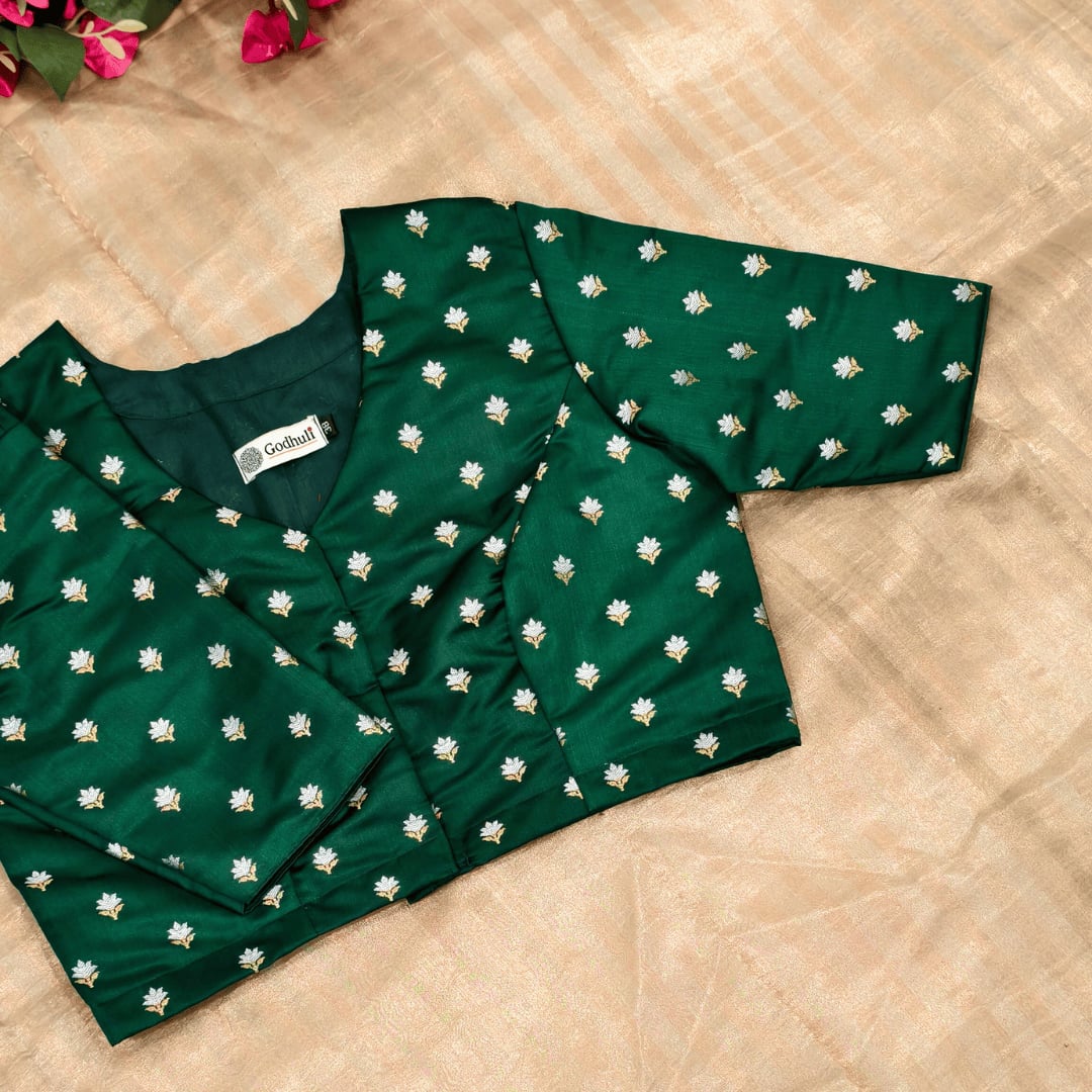 Bottle Green Zari Floral Motif Satin Silk Brocade Readymade Blouse | Godhuli