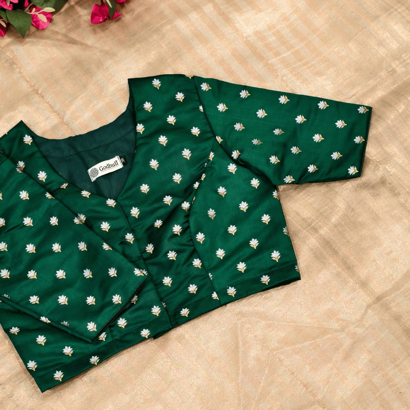 Bottle Green Zari Floral Motif Satin Silk Brocade Readymade Blouse | Godhuli