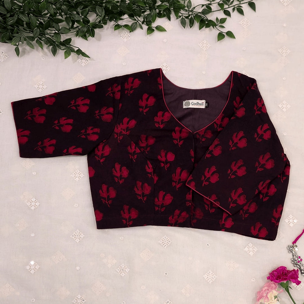 Brown Maroon Akola Print Readymade Blouse | Godhuli