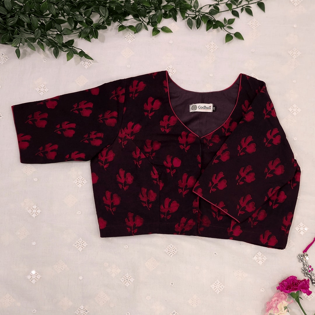 Brown Maroon Akola Print Readymade Blouse | Godhuli