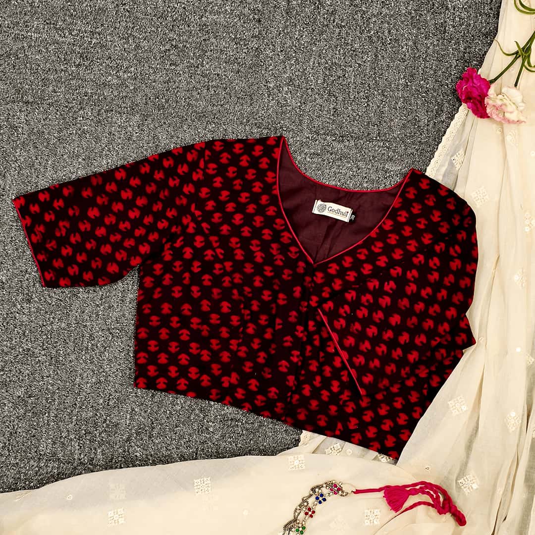 Brown Maroon Akola print Readymade Blouse With Small Motifs | Godhuli
