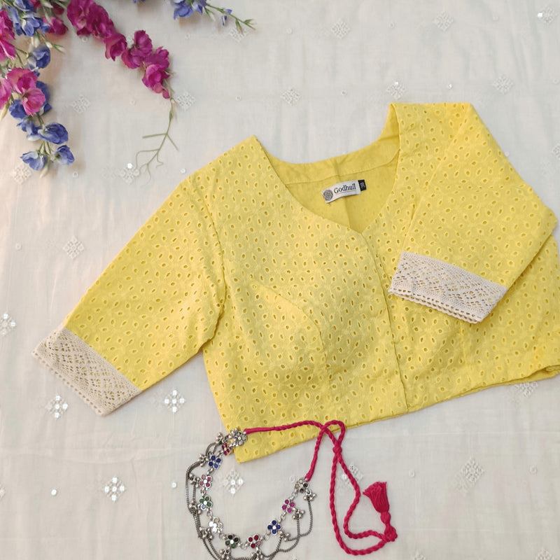 Butter Yellow Cut Work Embroidered Readymade Blouse | Godhuli