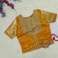Mango Yellow Gaji Silk Aari Work Readymade Blouse | Godhuli