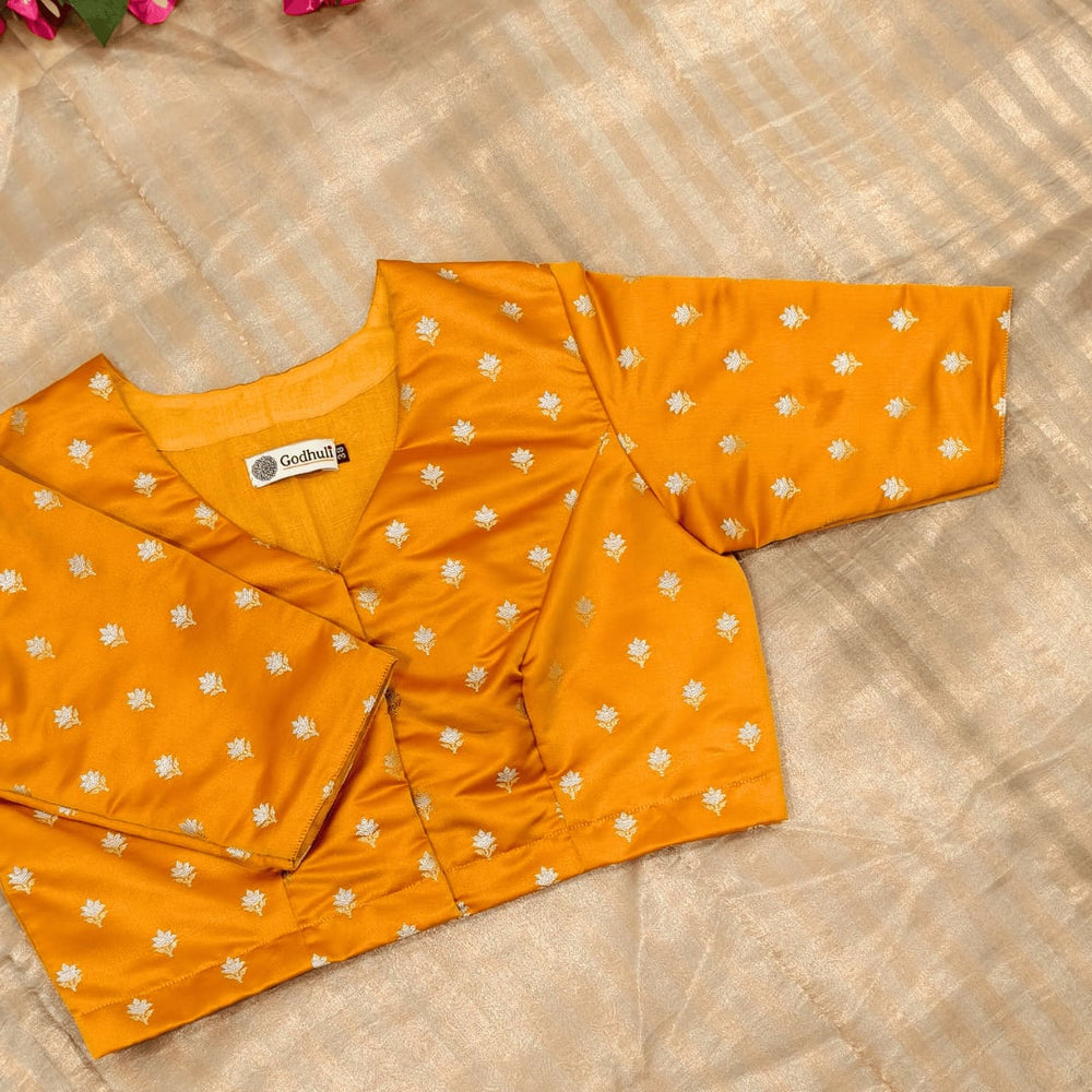 Mango Yellow Zari Floral Motif Satin Silk Brocade Readymade Blouse | Godhuli