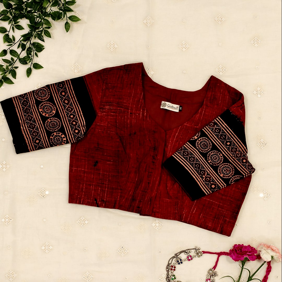 Maroon Abstract Brush Design Gamathi Readymade Blouse | Godhuli
