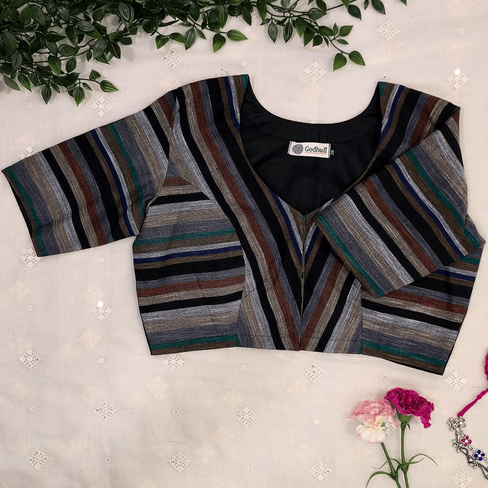Multicolored Black slub Readymade Blouse with Stripes | Godhuli