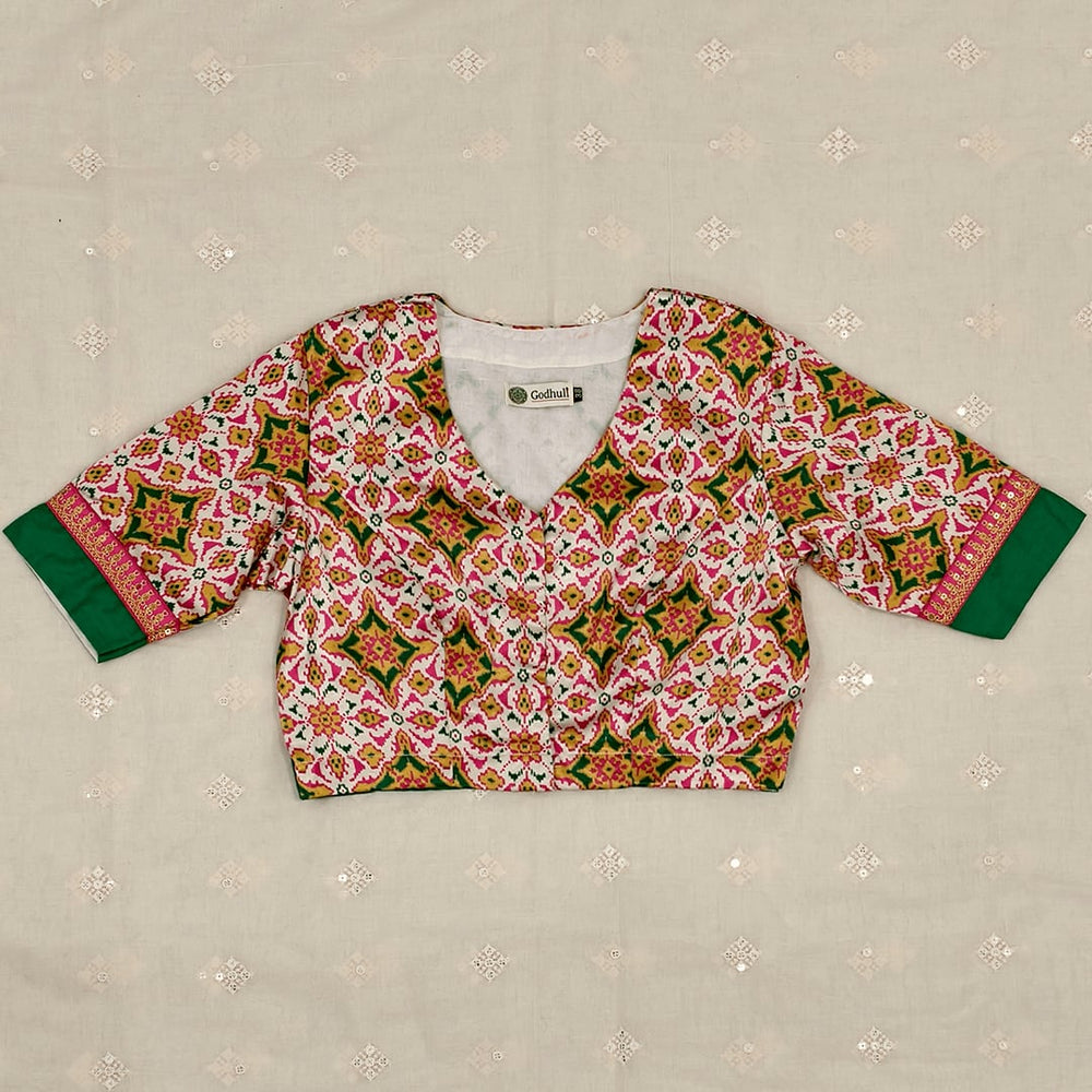 Patola Print White Gaji Silk Readymade Blouse | Godhuli