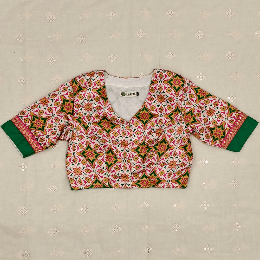 Patola Print White Gaji Silk Readymade Blouse | Godhuli