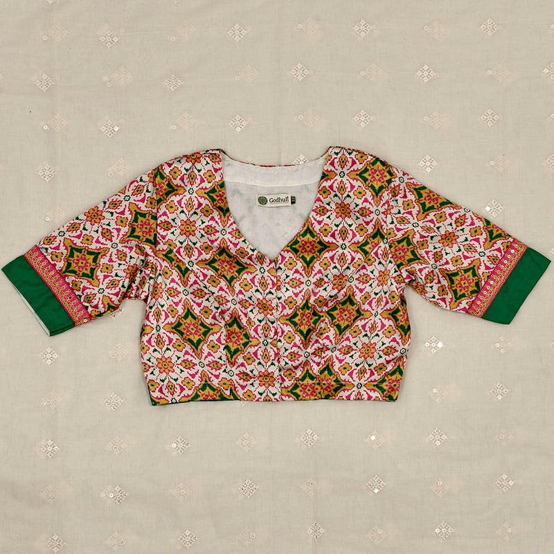 Patola Print White Gaji Silk Readymade Blouse | Godhuli