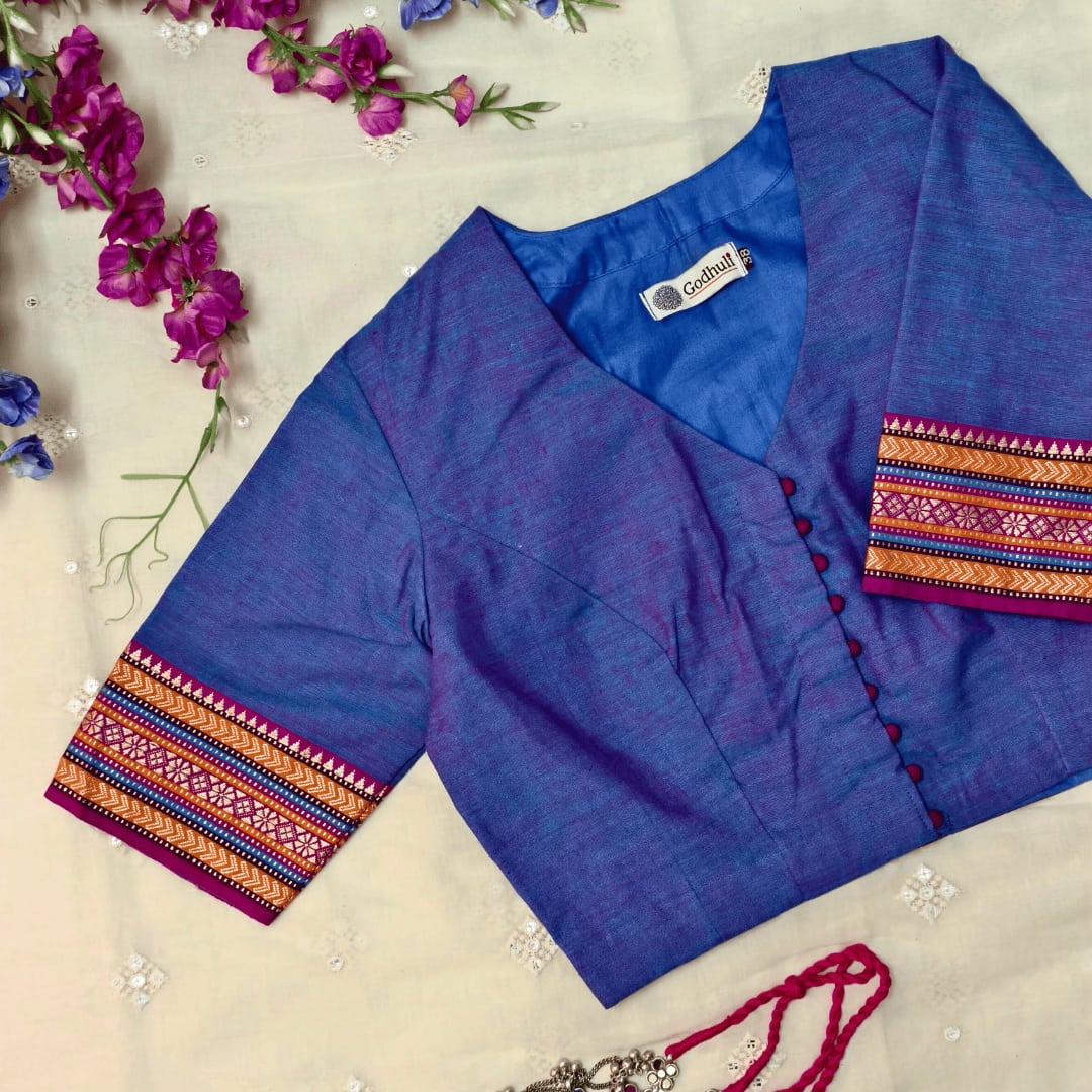 Purplish blue Narayanpet Border Readymade Blouse | Godhuli