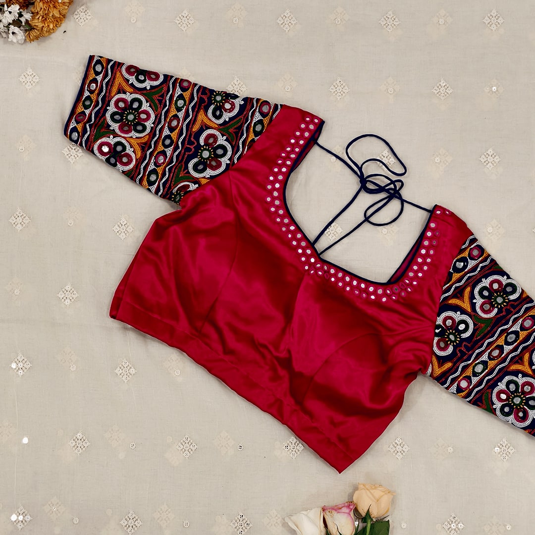 Rani Gaji Mirror work Readymade Blouse with Royal blue Kutchi Work Sleeves | Godhuli