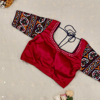 Rani Gaji Mirror work Readymade Blouse with Royal blue Kutchi Work Sleeves | Godhuli