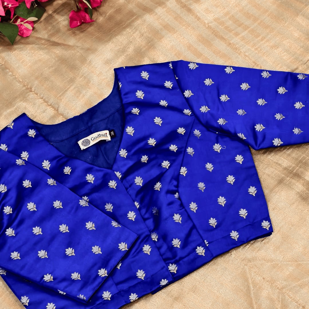 Royal Blue Zari Floral Motif Satin Silk Brocade Readymade Blouse | Godhuli