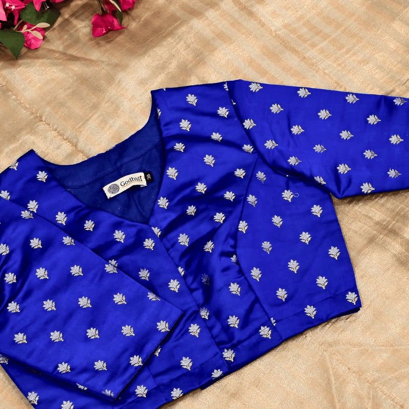 Royal Blue Zari Floral Motif Satin Silk Brocade Readymade Blouse | Godhuli