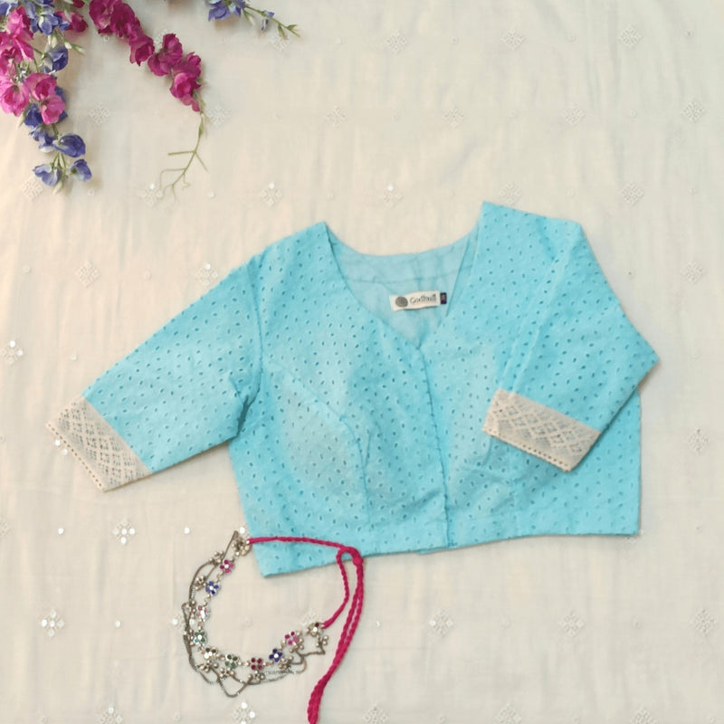 Turquoise Blue Cut Work Embroidered Readymade Blouse | Godhuli