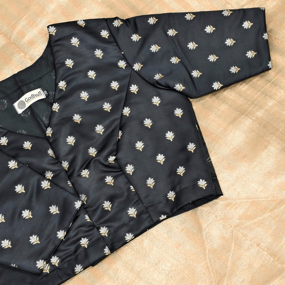 Black Zari Floral Motif Satin Silk Brocade Readymade Blouse | Godhuli